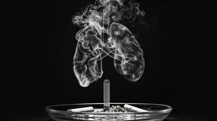 The smoke is lung-shaped of cigarettes in the ashtray on the  black background.