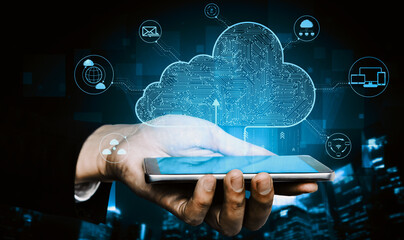 Cloud computing technology and online data storage for business network concept. Computer connects...