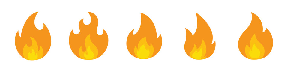 Fire icon collection. Set of five cartoon fire flame icons in flat style. Vector Illustration of Burning Flames in Different Shapes. Isolated Fire Symbol for Hot, Heat, Burning, Flame, or Campfire.