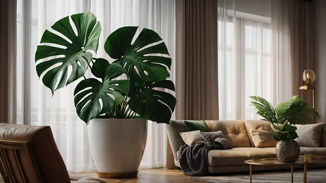 Pot with a beautiful monstera in the room