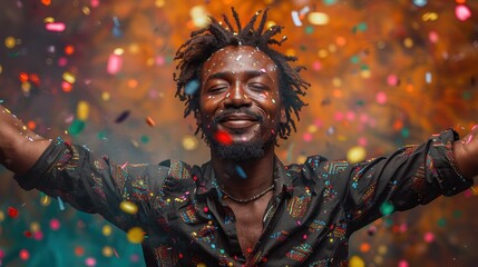 A joyful man with arms raised celebrates amidst a cascade of colorful confetti, radiating happiness and exuberance, capturing the essence of celebration and unrestrained joy.