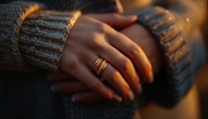 Fototapeta premium Close-up of a person's hands with a gold ring, wearing knitted grey sleeves, creating a warm and cozy atmosphere.
