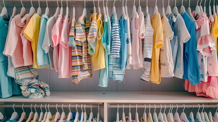 Dressing closet with clothes arranged on hangers.Colorful wardrobe of newborn,kids, toddlers, babies full of all clothes.Many t-shirts,pants, shirts,blouses, onesie hanging