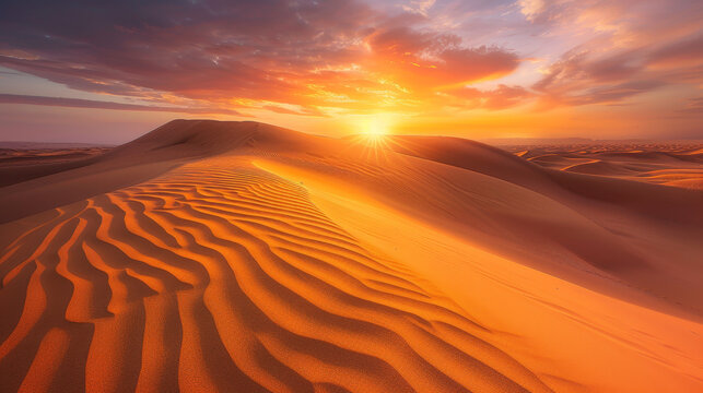 A desert landscape with a sun setting in the background