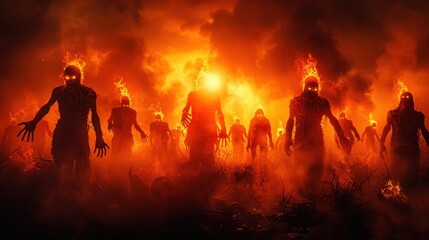 Fototapeta premium A horde of flaming undead figures with glowing eyes emerge from a fiery, hellish landscape, creating a scene of apocalyptic horror and terrifying destruction.