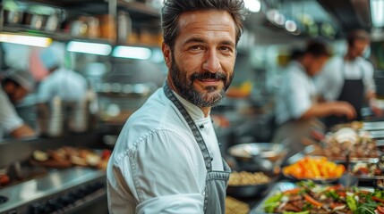 Fototapeta premium A cheerful man smiles amidst the dynamic environment of a busy restaurant kitchen, highlighting the passion and hard work of culinary professionals in this vibrant scene.