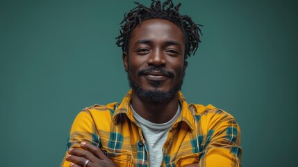 A man in a yellow plaid shirt stands with arms crossed, wearing a relaxed and confident expression against a simple green backdrop, exuding casual style in this portrait.