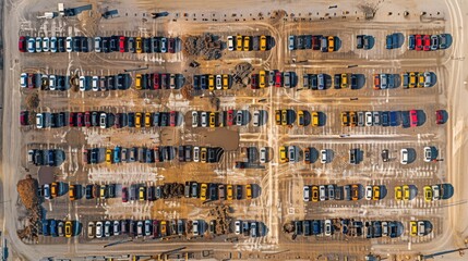 Aerial view of new cars stock at factory parking lot