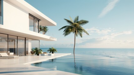 Fototapeta premium Modern Beachfront Villa with Infinity Pool and Palm Tree