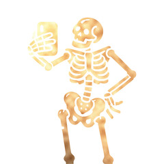 Gold human skeleton using smartphone, excessive gadget use and virtual addiction concept