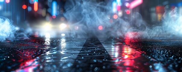 Naklejka premium Wet Pavement with Bokeh Lights and Smoke