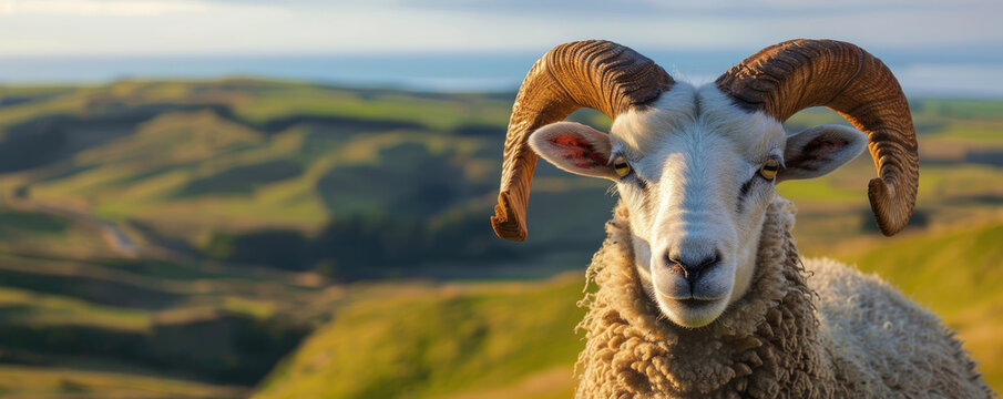 Photo of a sheep with large horns standing in front of rolling hills, representing the English countryside.