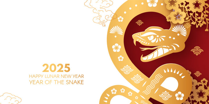 Happy Chinese New Year 2025 with Snake zodiac sign and flowers. Lunar new year card template. Gold paper cut style on red and white background
