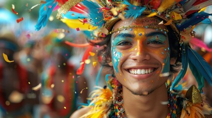 Fototapeta premium A young man grinning widely with colorful face paint and a festive costume adorned with feathers and gold accents, surrounded by an exuberant carnival atmosphere and confetti.