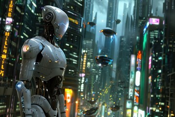 Fototapeta premium An advanced AI robot standing in a bustling futuristic cityscape