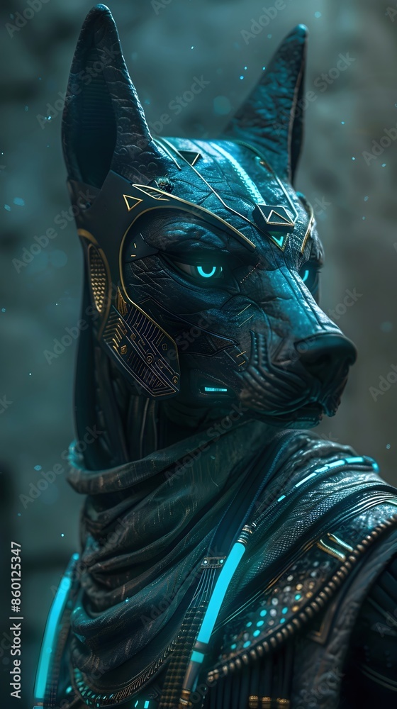 Wall mural Anubis:Mythological Canine Guide to the Afterlife in Neon-Infused Digital Art