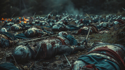 A group of dead warriors lie on the ground