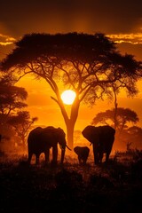 Fototapeta premium In the African wilderness, silhouetted elephants grace the sunset, a symbol of nature's beauty.