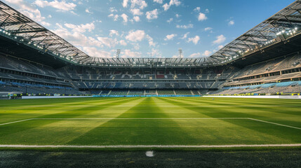 A large stadium with a green field and a crowd of people