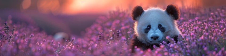 Fototapeta premium At sunset, a Chinese panda roams a lavender meadow, surrounded by the purple beauty of nature.