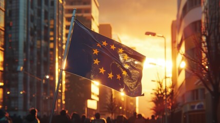 The European Union flag at sunset