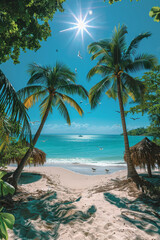 Fototapeta premium An idyllic coastal scenery with palm trees, turquoise waters, and a tranquil atmosphere.