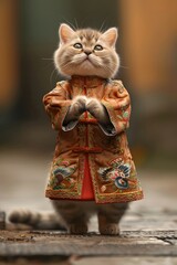 Naklejka premium Cute Munchkin Cat in Traditional Chinese Dress Stands and Smiles at with and Cinematic Photographic Style