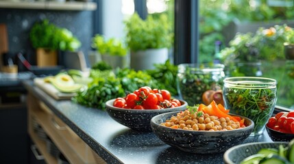 Obraz premium Plant based meat alternatives prepared in a contemporary kitchen
