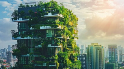 Obraz premium Green Urban Architecture: A Modern Building Covered in Lush Vegetation
