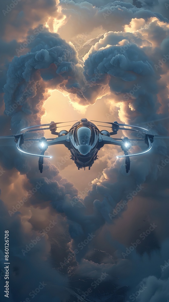 Poster Futuristic VTOL Aircraft Hovering Within a Heart-Shaped Cloud With Ethereal Lighting and Atmospheric Effects