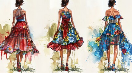 Naklejka premium Three fashion illustrations of women in dresses with watercolor backgrounds.