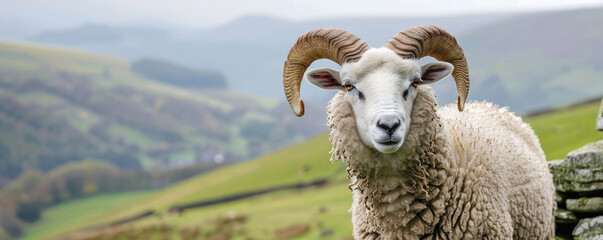 Photo of a sheep with large horns standing in front of rolling hills, representing the English countryside.