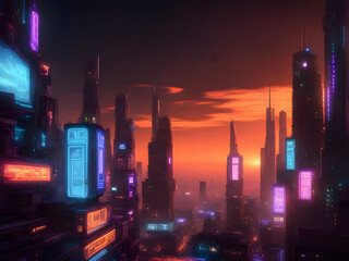 A sprawling metropolis illuminated by neon lights and holographic advertisements, with sleek, towering skyscrapers and flying vehicles weaving between them.