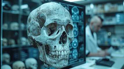 In a laboratory, an ancient skull comes under scientific scrutiny, its detailed structure and estimated age displayed on a crisp computer screen.