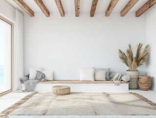 Mediterranean interiors design composition in contrasting tones with natural window lighting and minimalist furniture. Luxury property concept image.