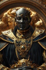 Obraz premium Imposing Regal Humanoid Monarch Adorned in Ornate Regalia with Stoic Expression in Dramatic Throne Room Setting