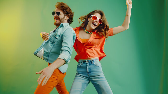 Dynamic portrait of happy man and woman in retro colored shirts and flared jeans dancing energetic dance over green background Concept of fashion trends of 70s 1980s years music hippie : Generative AI