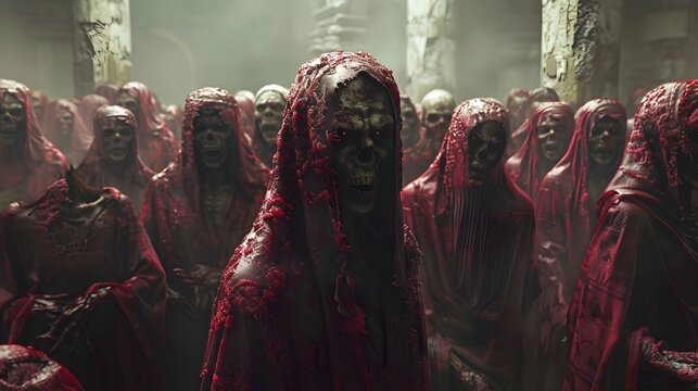 Menacing Illuminati Zombie Horde in Dramatic Caravaggio-like Lighting Amid Crumbling Temple Ruins