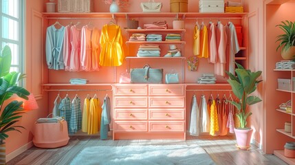 Peach tones match comfort with style in this room, its wardrobe a beacon of modern fashion trends amidst the homely decor.