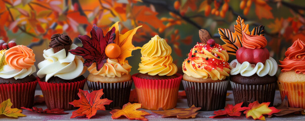 A display of assorted fall-themed cupcakes, each decorated with autumn colors and designs, Pop Art, Bold colors, High contrast, Photography., Realistic