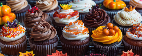 A display of assorted fall-themed cupcakes, each decorated with autumn colors and designs, Pop Art, Bold colors, High contrast, Photography., Realistic