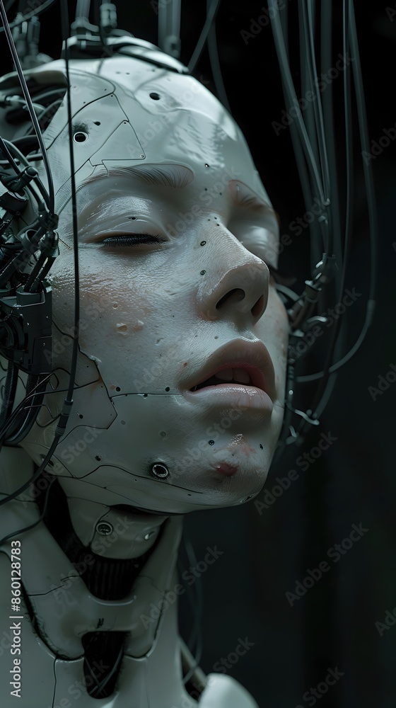 Canvas Prints Suspended Humanoid Face with Mechanical Device in Shadowy Cinematic Setting