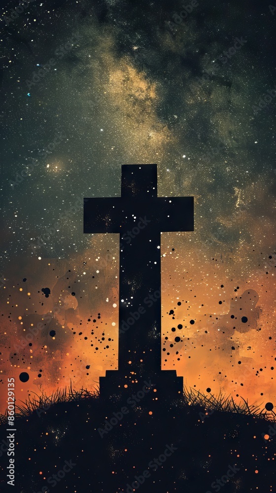 Wall mural Illustration of a battlefield cross against a backdrop of stars. - Wall murals