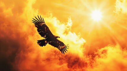 Fototapeta premium Illustration of a lone eagle in flight against a golden sunset.