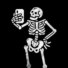 Silver human skeleton using smartphone, excessive gadget use and virtual addiction concept, isolated on black background