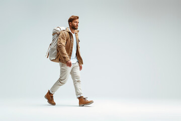 A handsome, stylish man poses confidently as a tourist with a backpack on a city street.