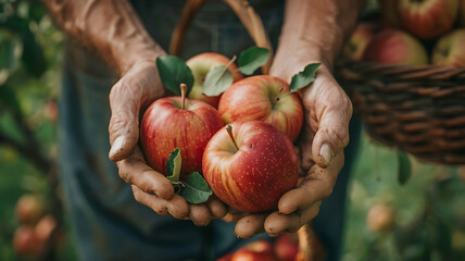 Сlose-up of a farmer's hands holding freshly picked apples, with leaves and a basket in the background, emphasizing the organic and natural aspect of harvesting