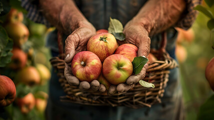 Сlose-up of a farmer's hands holding freshly picked apples, with leaves and a basket in the background, emphasizing the organic and natural aspect of harvesting