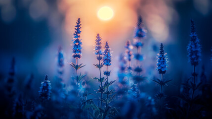 Fototapeta premium Wild blue flowers, sunrise