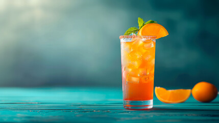 Fototapeta premium Refreshing Long Island Iced Tea cocktail with citrus on multi-colored background